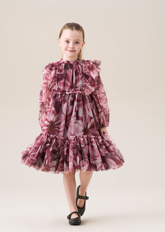 Girls Burgundy Floral Mesh Occasion Dress | Angel & Rocket