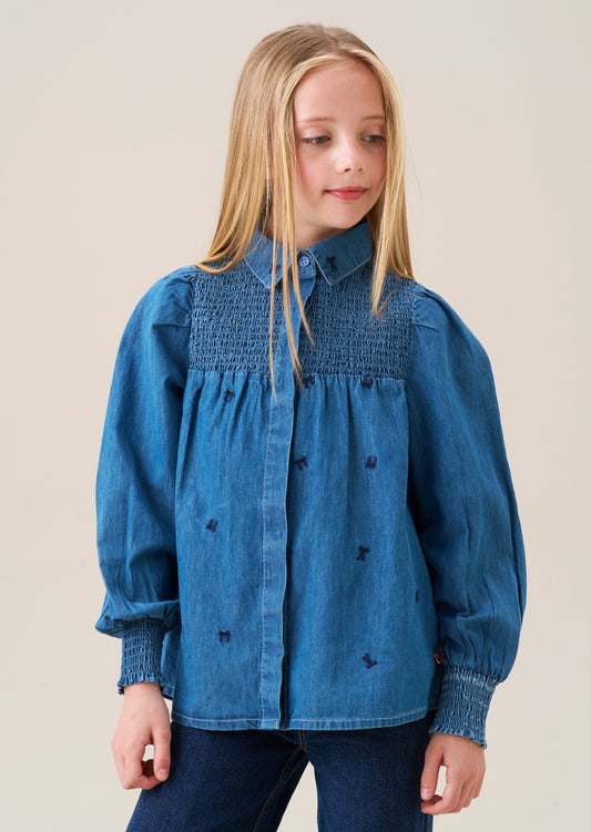 Girls Embroidered Denim Shirt with Bows | Angel & Rocket