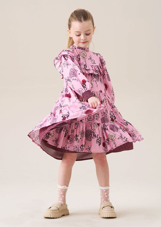 Girls Pink Floral Frill Tiered Dress | Angel & Rocket