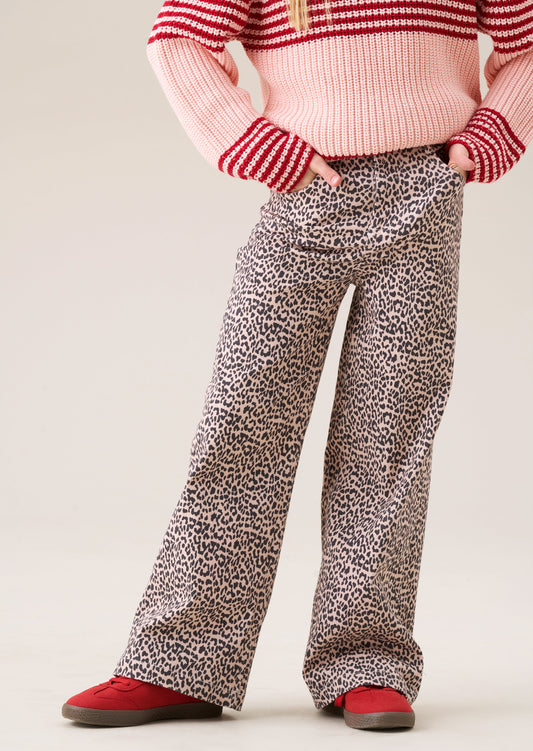 Girls Leopard Print Wide Leg Jeans with Heart Pockets | Angel & Rocket