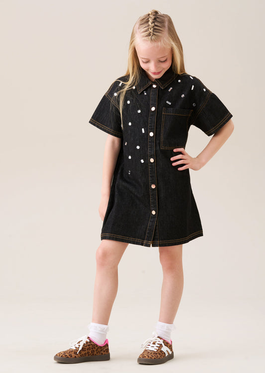 Girls Black Gem Embellished Denim Shirt Dress | Angel & Rocket