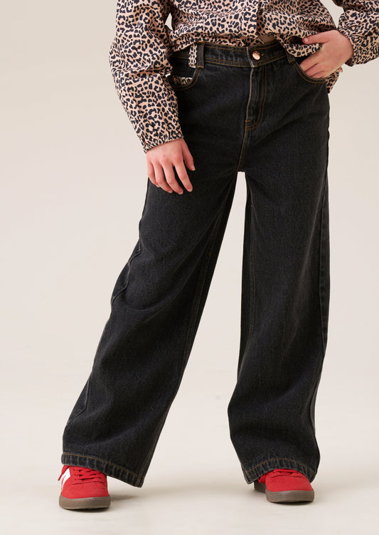 Girls Black Wide Leg Jeans with Leopard Star Detail | Angel & Rocket