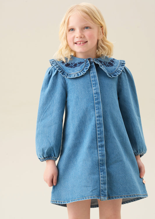 Girls Embroidered Denim Shirt Dress with Statement Collar | Angel & Rocket