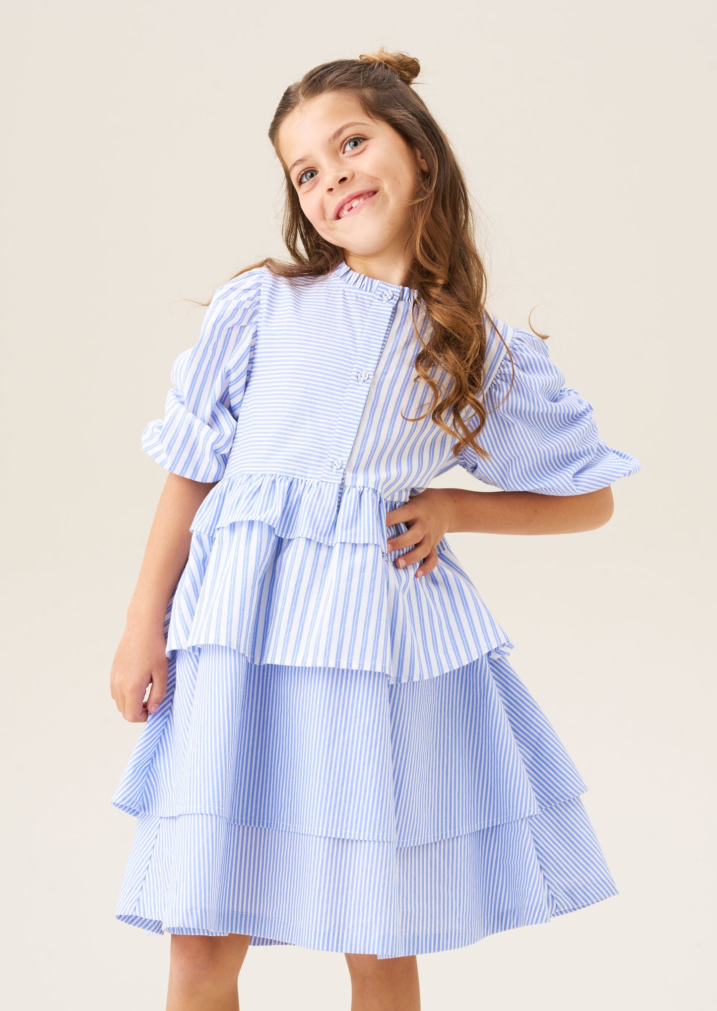 Girls Blue & White Mixed Stripe Patchwork Dress | Angel & Rocket