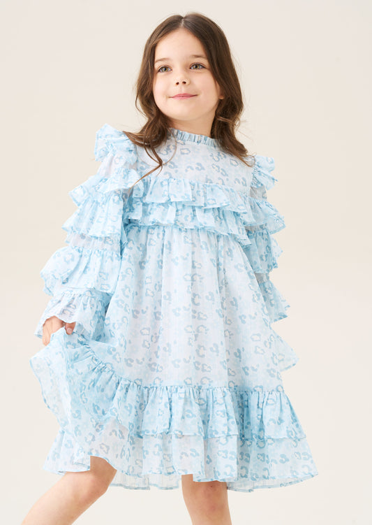 Girls Blue Leopard Print Frill Dress | Angel & Rocket