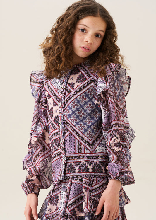 Girls Purple Boho Print Frill Sleeve Blouse | Angel & Rocket