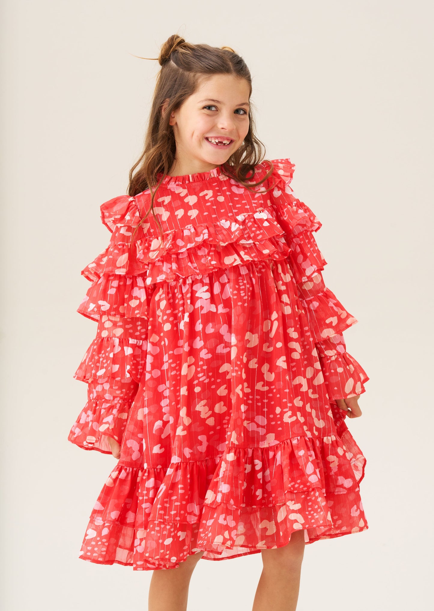 Girls Red Ruffle Sleeve Printed Mesh Dress | Angel & Rocket