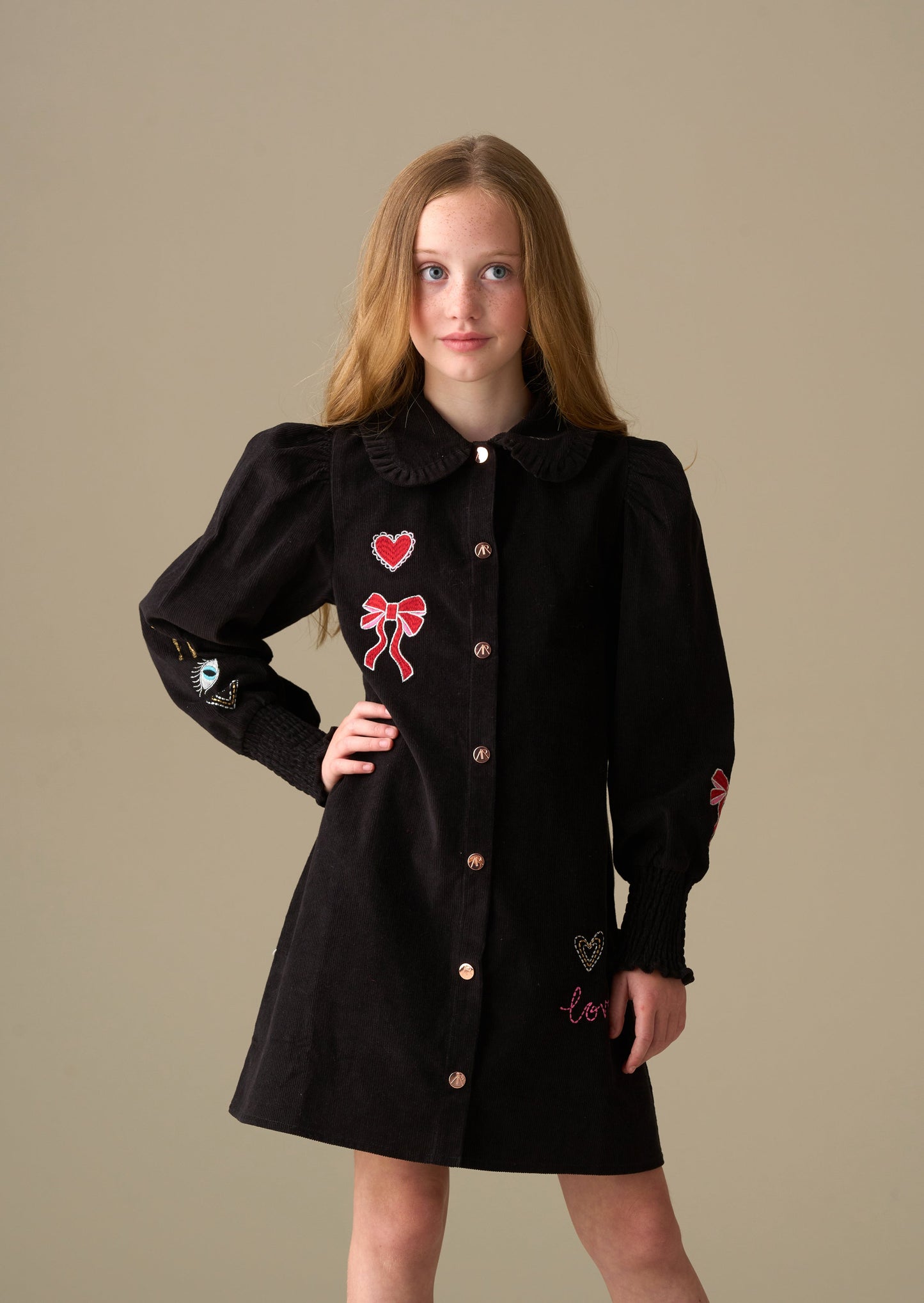 Girls Black Embroidered Cord Shirt Dress | Angel & Rocket