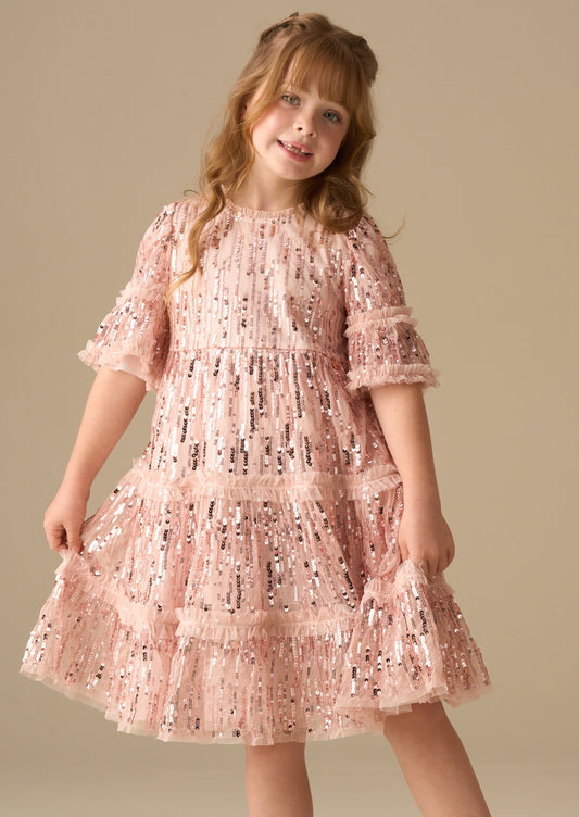 Girls Pink Sequin Mesh Frill Party Dress | Angel & Rocket