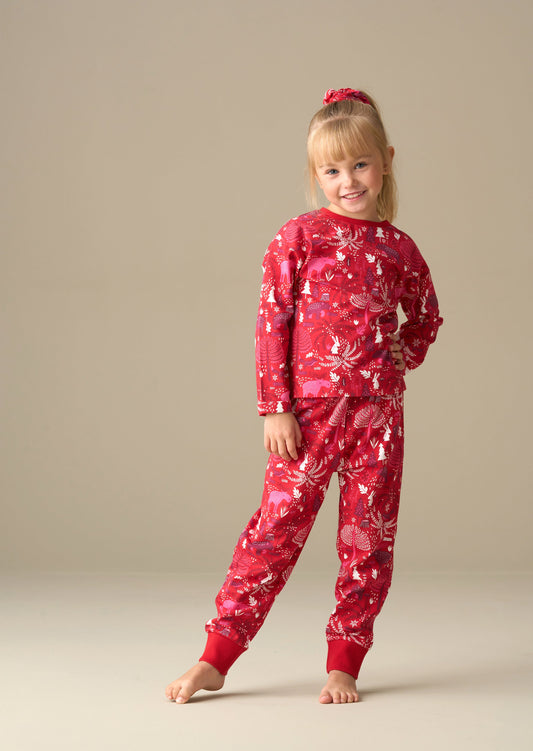 Girls Red Festive Winter Scene Pyjamas | Angel & Rocket