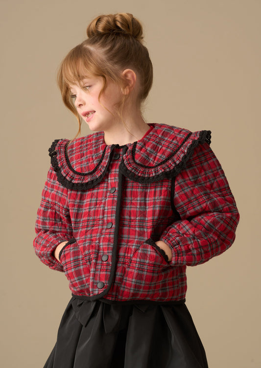 Girls Red Check Statement Collar Jacket | Angel & Rocket