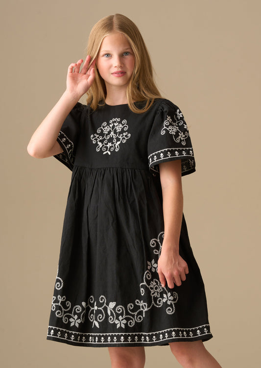 Girls Black Boho Embroidered Swing Dress