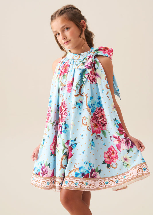 Girls Print Swing Dress with Statement Bow | Angel & Rocket