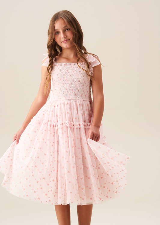Girls Pink Heart Mesh Dress with Tie Shoulders | Angel & Rocket