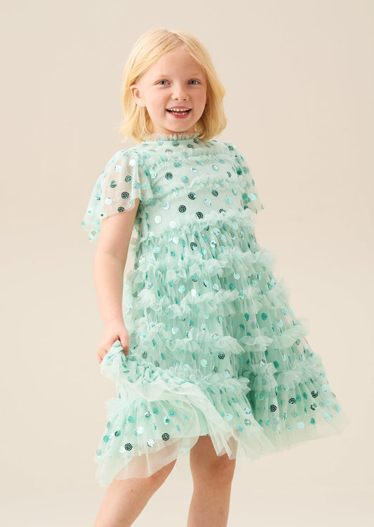 Girls Mint Green Sequin Mesh Party Dress | Angel & Rocket