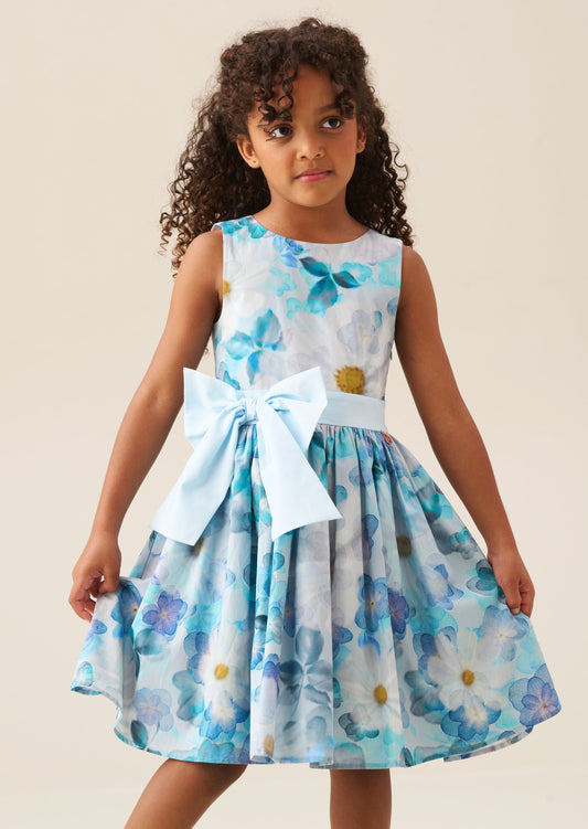 Girls Blue Floral Occasion Dress with Bow | Angel & Rocket