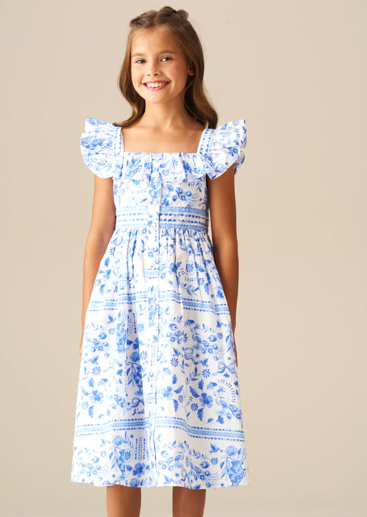 Girls Blue Print Ruffle Sleeve Dress | Angel & Rocket