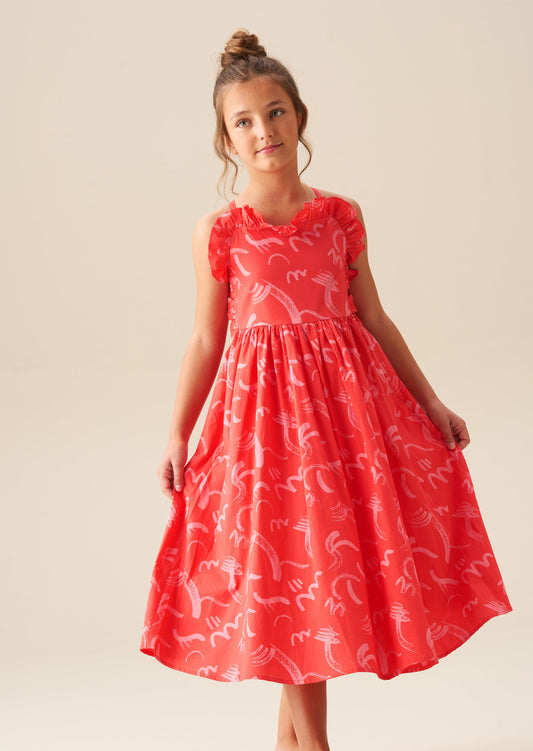 Girls Red Print Frill Swing Dress| Angel & Rocket