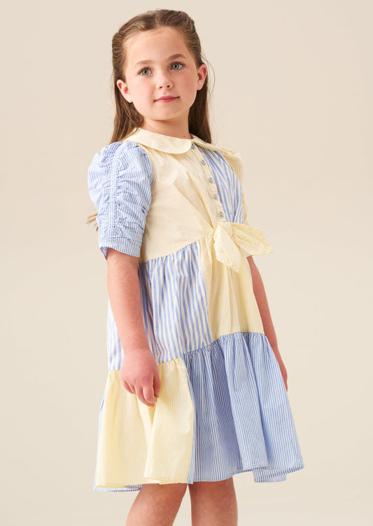 Girls Blue Stripe Patchwork Shirt Dress | Angel & Rocket