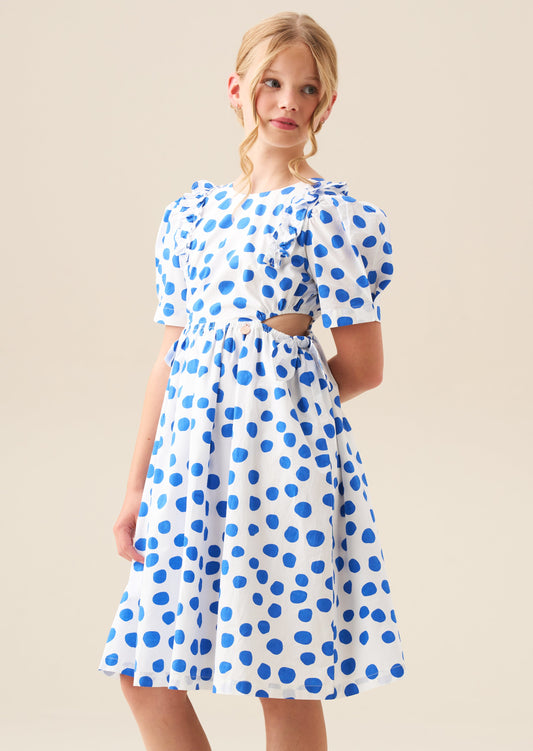 Girls Blue Puff Sleeve Polka Dot Dress| Angel & Rocket