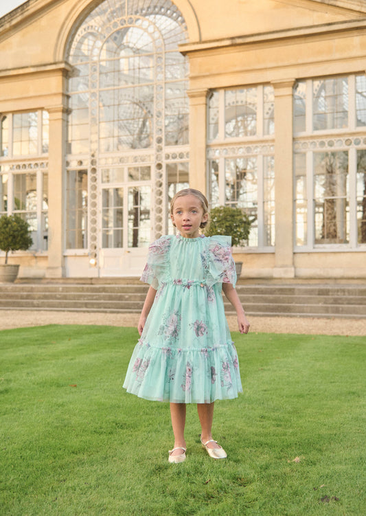 Girls Mint Floral Mesh Occasion Dress | Angel & Rocket