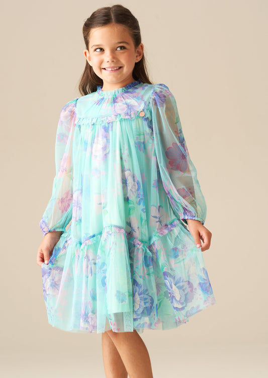 Girls Mint Daisy Print Mesh Occasion Dress | Angel & Rocket