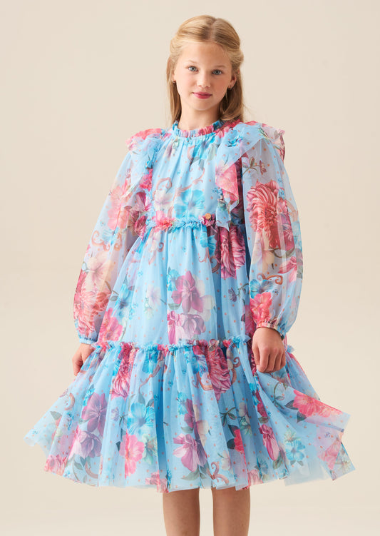 Girls Blue Floral Print Mesh Dress | Angel & Rocket