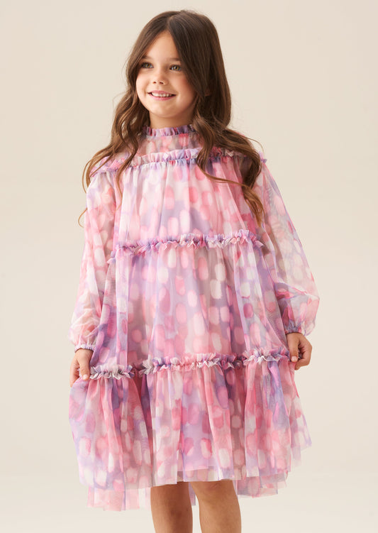 Girls Pink Printed Swing Mesh Dress | Angel & Rocket