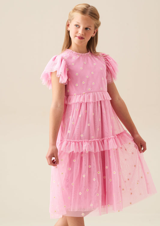 Girls Pink Embroidered Mesh Party Dress | Angel & Rocket