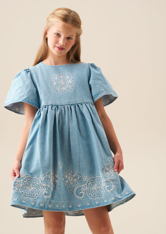 Girls Denim Embroidered Summer Swing Dress | Angel & Rocket