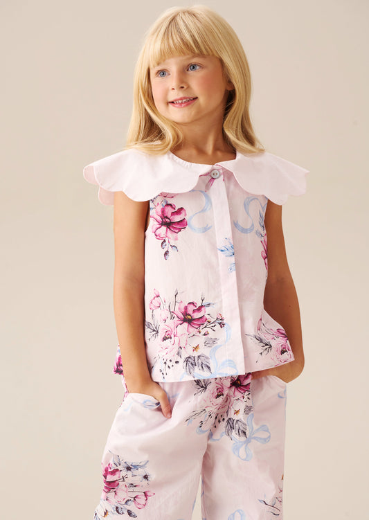 Girls Pink Floral Scallop Collar Blouse | Angel & Rocket