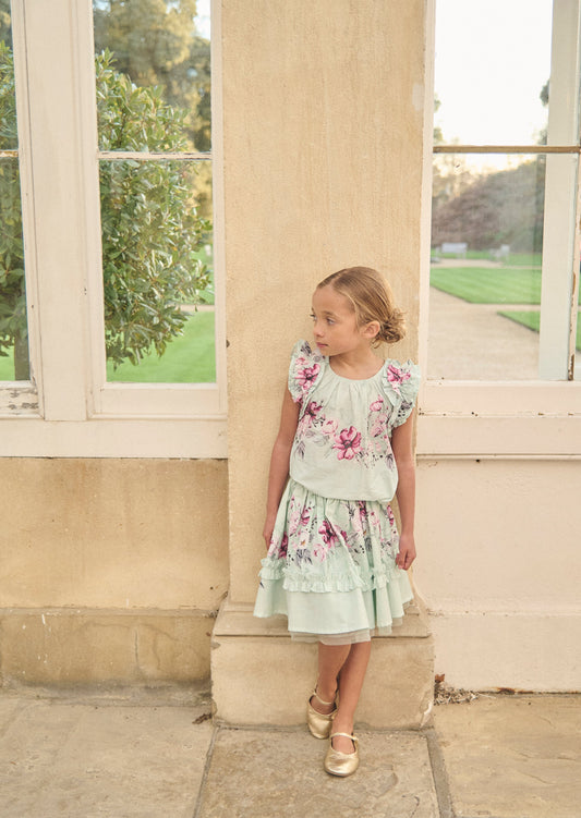Girls Mint Floral Ruffle Shell Top | Angel & Rocket