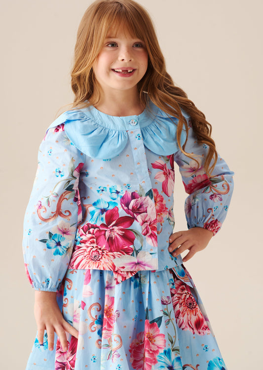 Girls Blue Floral Petal Collar Top | Angel & Rocket