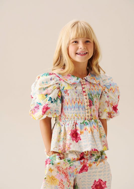 Girls Floral Shirred Blouse with Peter Pan Collar | Angel & Rocket