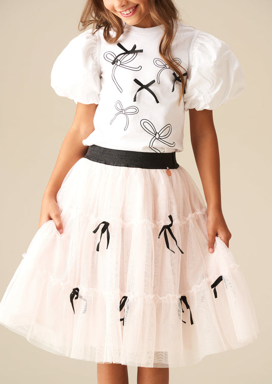 Girls Pink Mesh Skirt with Black Bows| Angel & Rocket