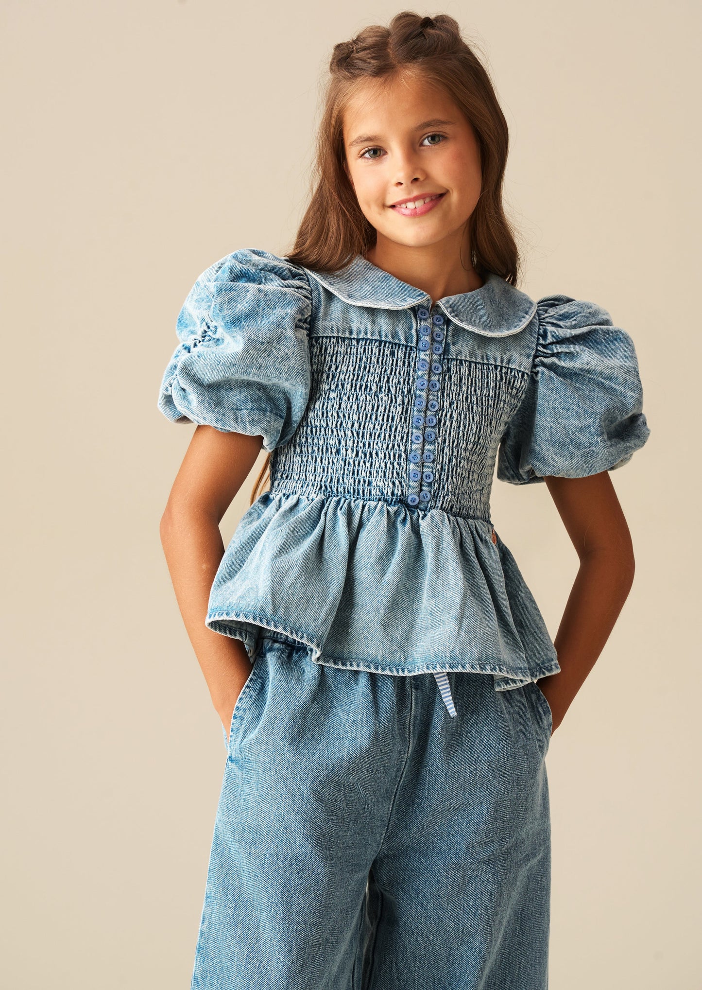 Girls Denim Blouse with Peter Pan Collar | Angel & Rocket