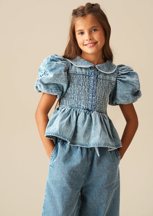 Girls Denim Blouse with Peter Pan Collar | Angel & Rocket