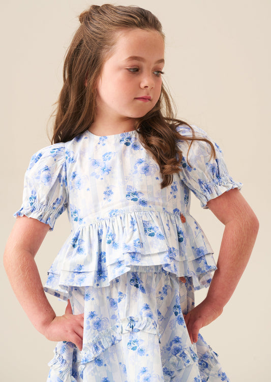 Girls Blue Floral Tie Detail Peplum Top | Angel & Rocket