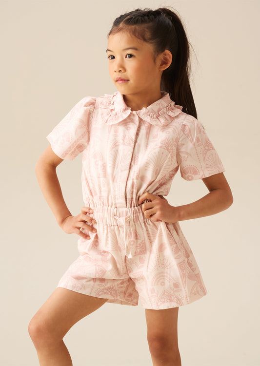 Girls Linen Pink Palm Print Summer Jumpsuit | Angel & Rocket