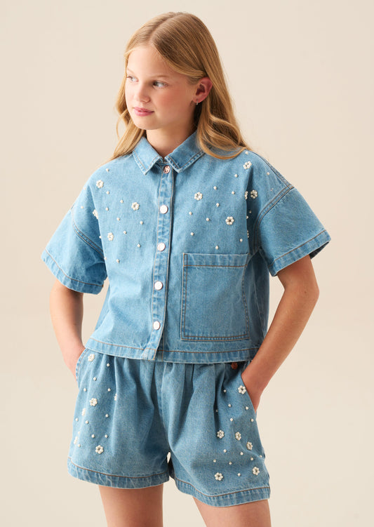 Girls Boxy Embellished Denim Shirt | Angel & Rocket