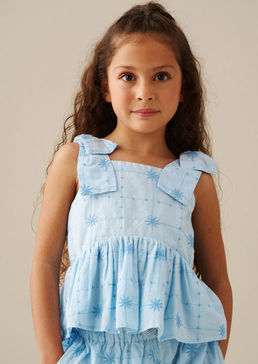Girls Blue Tie Detail Embroidered Summer Cami | Angel & Rocket