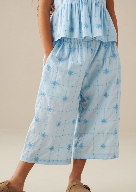 Girls Blue Embroidered Wide Leg Trousers | Angel & Rocket