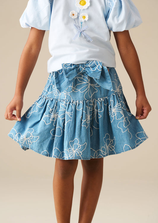 Girls Embroidered Denim Bow Skirt | Angel & Rocket