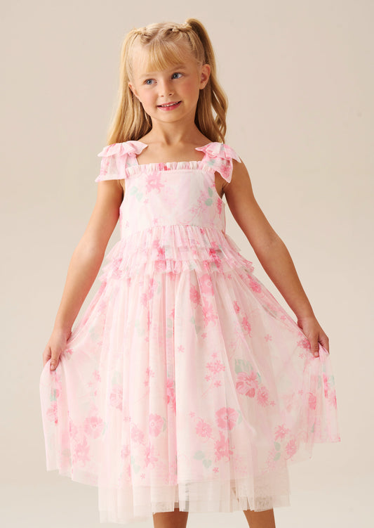Girls Pink Floral Stripe Mesh Party Dress | Angel & Rocket