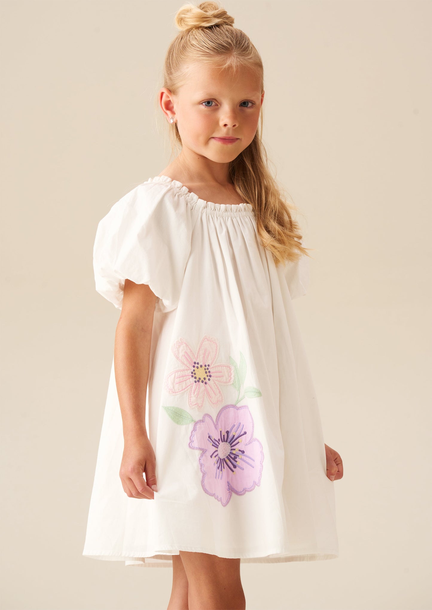 Girls White Applique Flower Swing Dress | Angel & Rocket