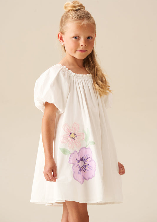 Girls White Applique Flower Swing Dress | Angel & Rocket