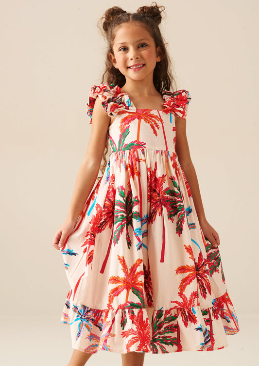 Girls Palm Print Ruffle Strap Summer Dress | Angel & Rocket