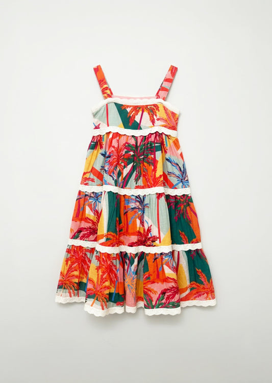 Girls Palm Print Lace Trim Tiered Dress | Angel & Rocket