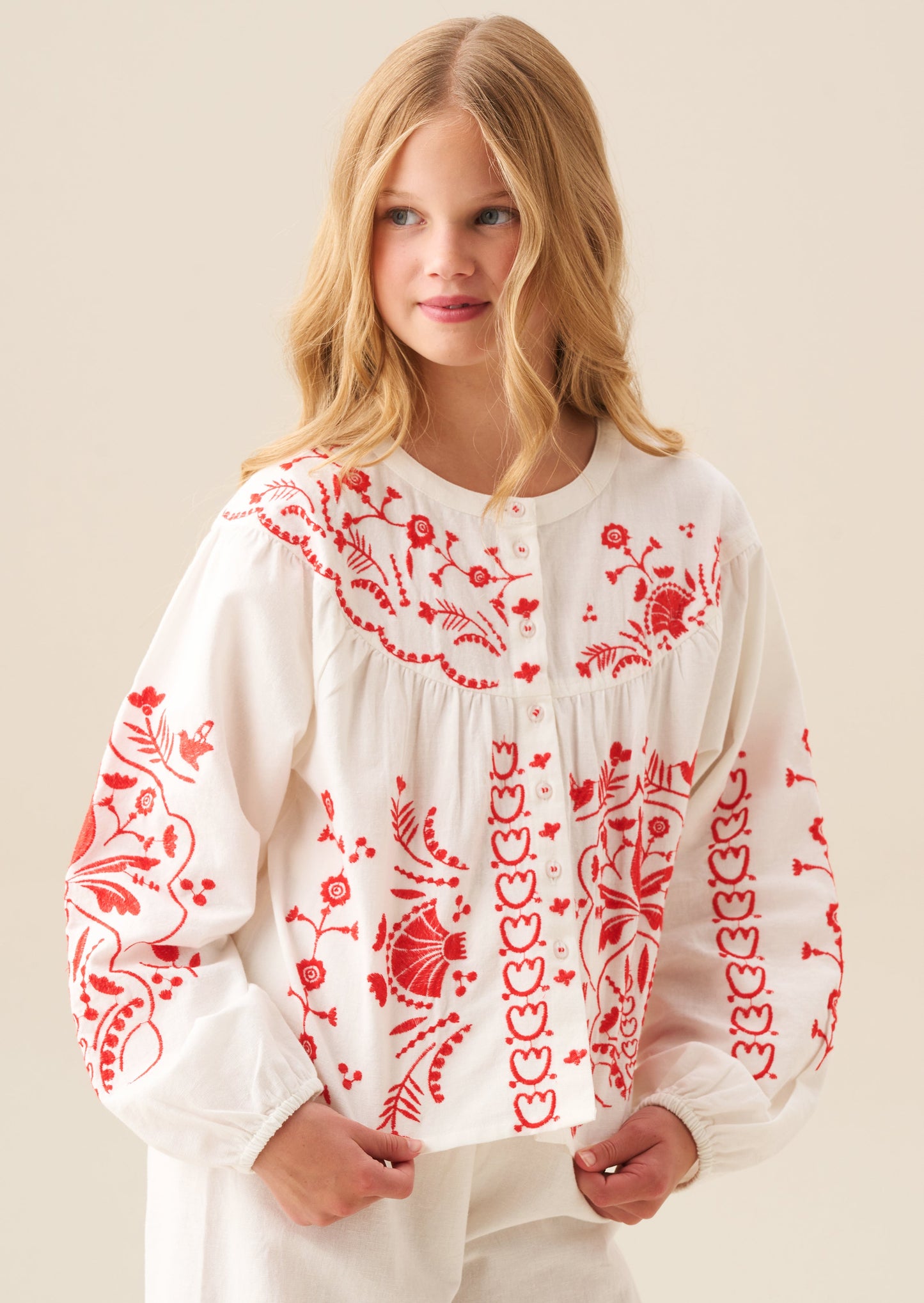 Girls Red Floral Embroidered Blouse | Angel & Rocket