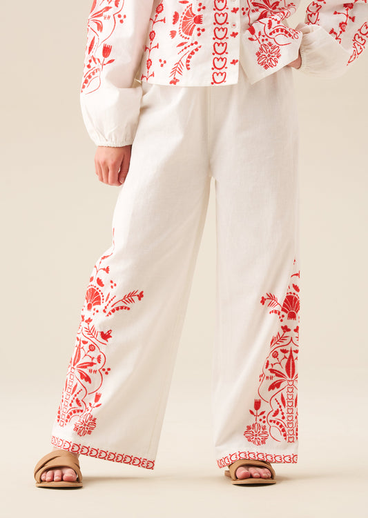Girls Red Floral Embroidered Trousers | Angel & Rocket
